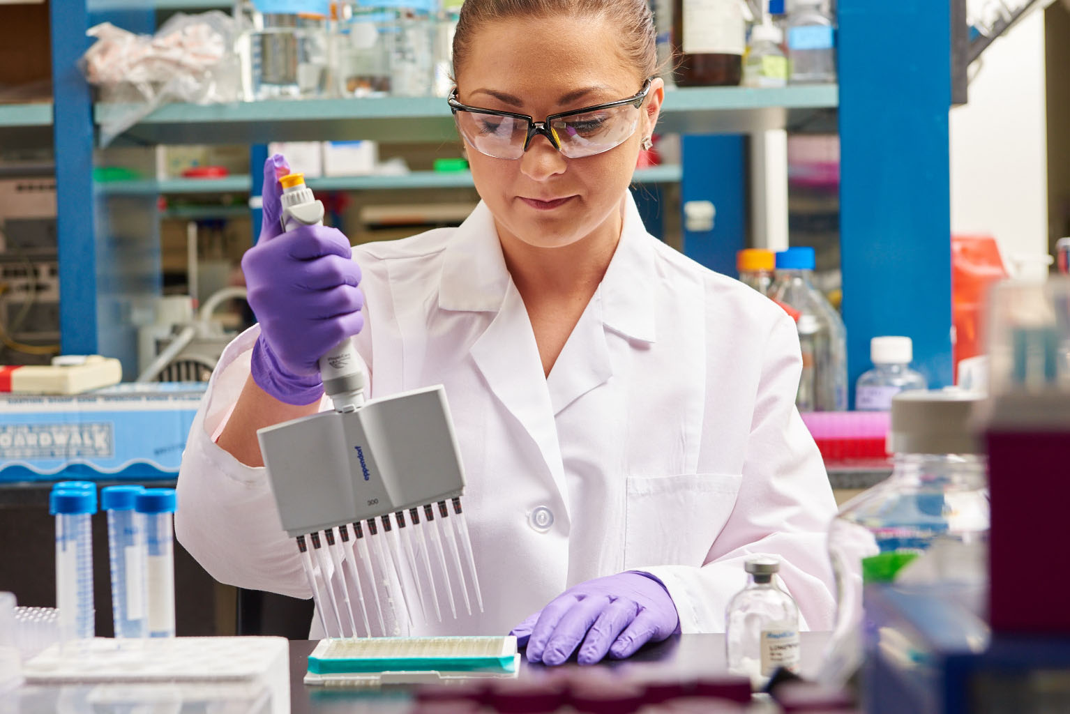 Boston Corporate photography of Lab Technician with Pipettes doing DNA research