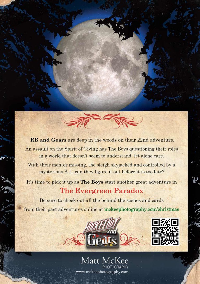McKee Photography Studio Holiday Card: Rocketboy and Gears The Evergreen Paradox back of card